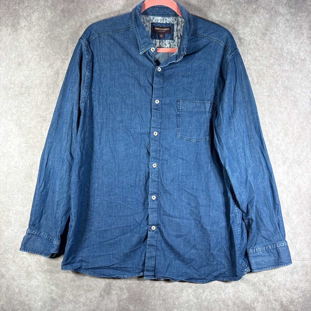 Johnston & Murphy Shirt Mens Size XL Blue Denim Button Down Long Sleeve‎ Stretch